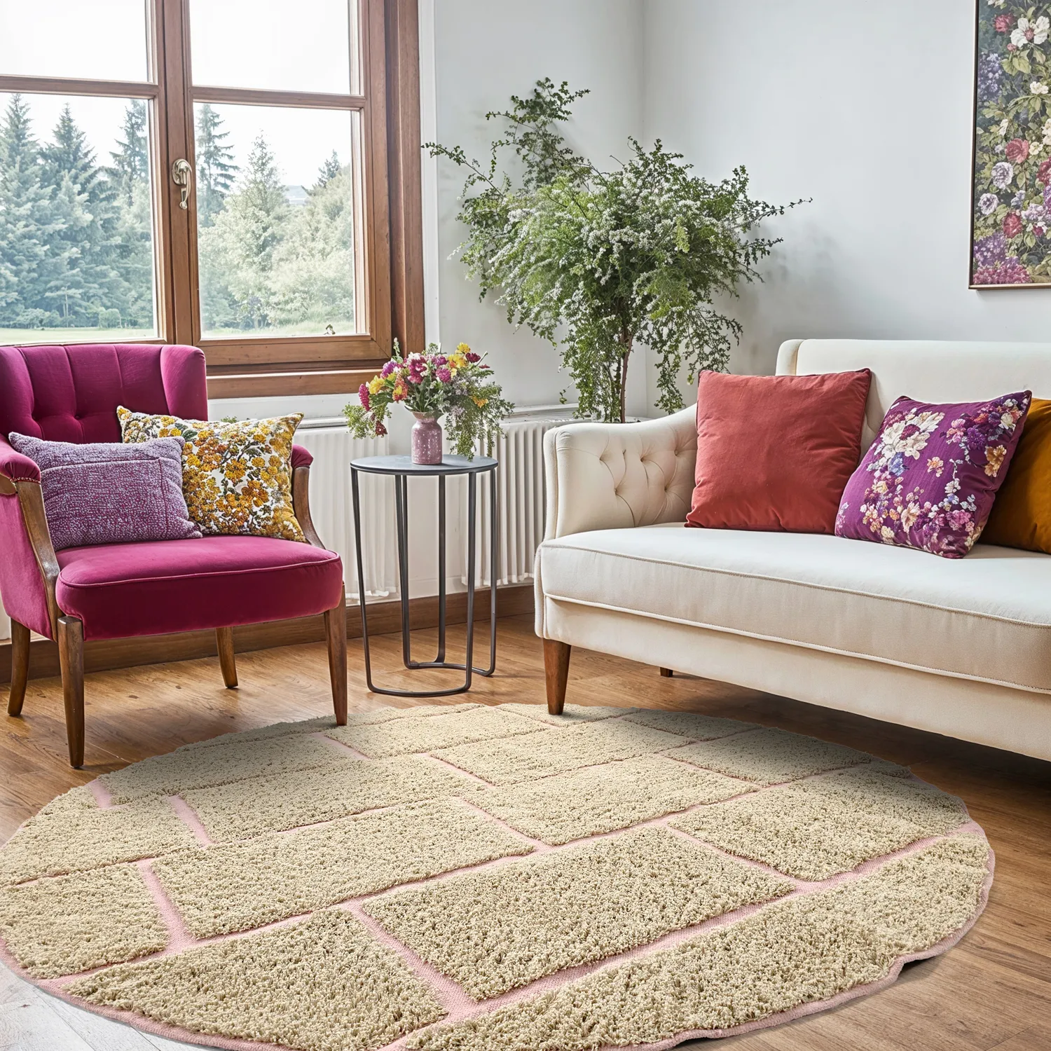 Runde tæpper - Lindley Natural Cotton Shaggy (beige/pink)