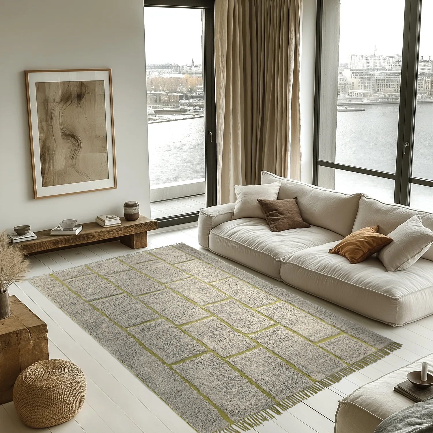 Ryatæpper - Lindley Natural Cotton Shaggy (greige/grøn)