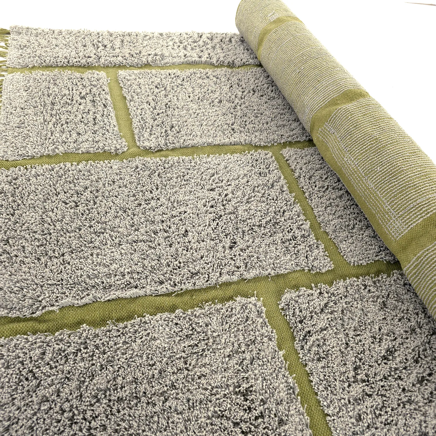 Ryatæpper - Lindley Natural Cotton Shaggy (greige/grøn)