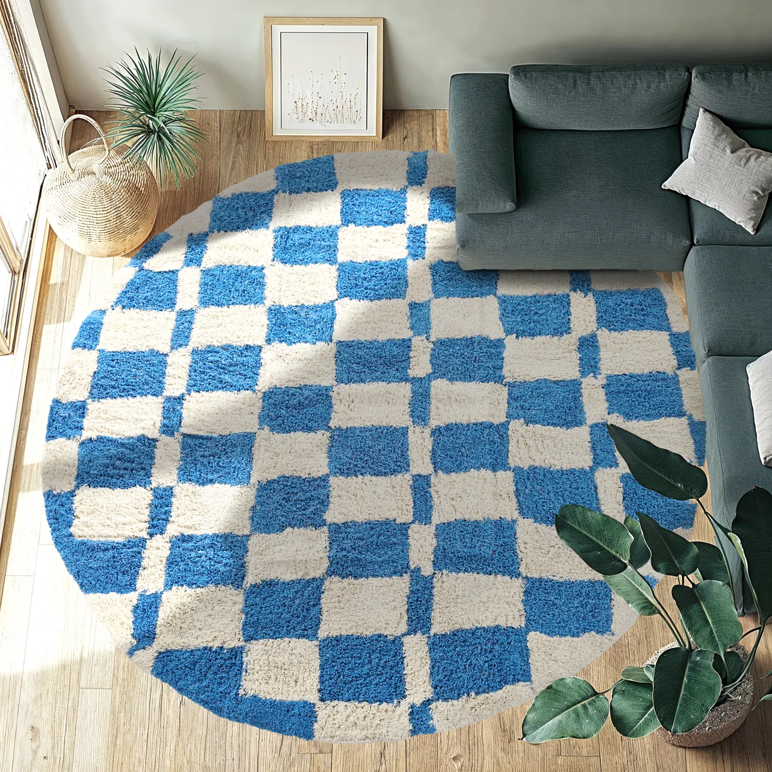 Rundt tæppe - Maranello Natural Cotton Shaggy (blå)