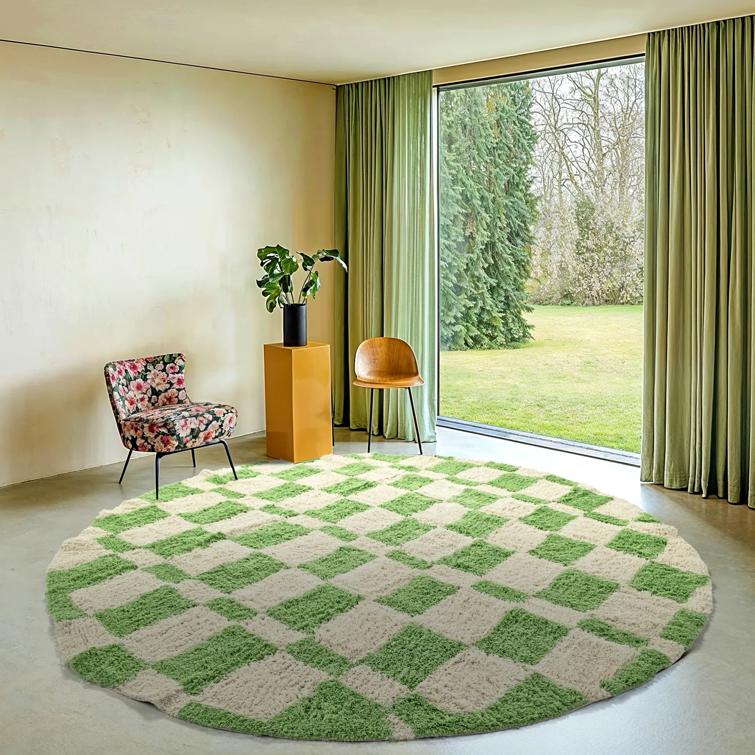 Rundt tæppe - Maranello Natural Cotton Shaggy (grøn)