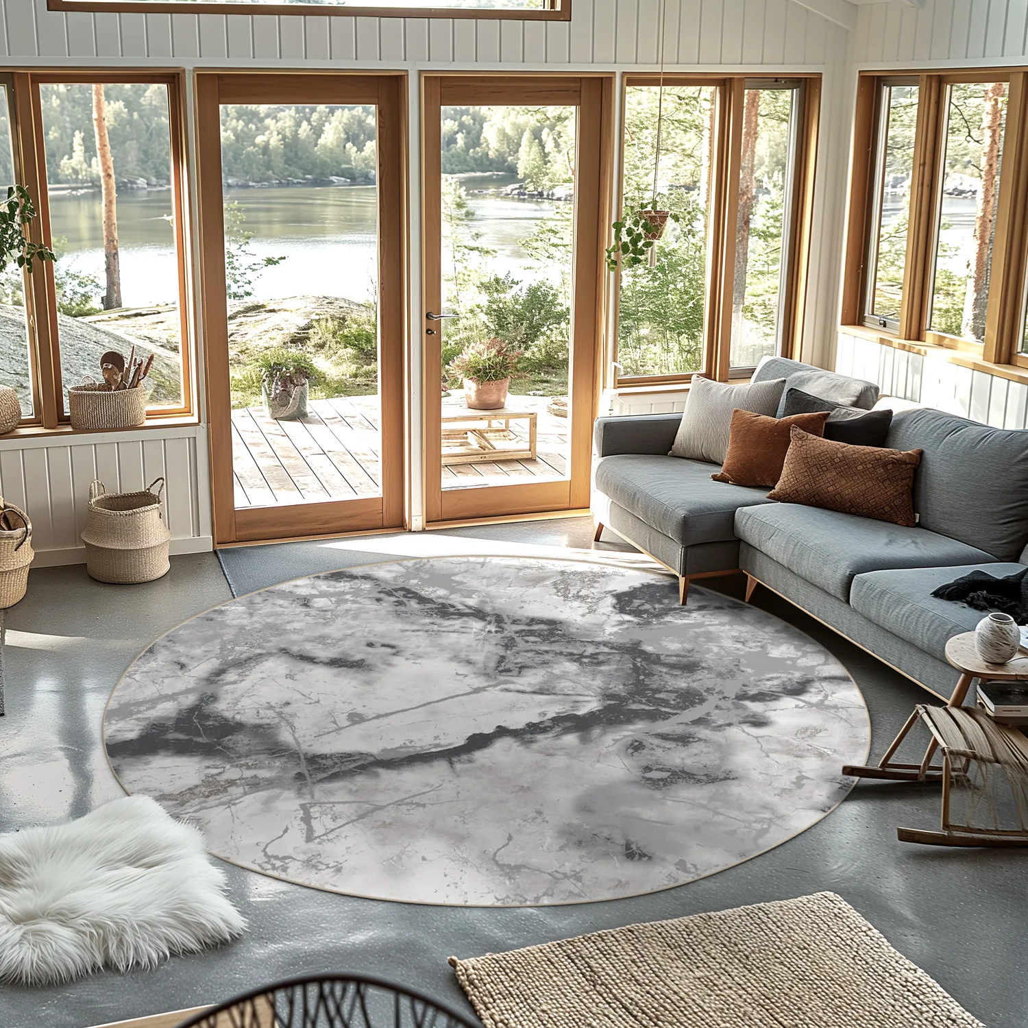 Rundt tæppe - Mermer (grå/hvid)