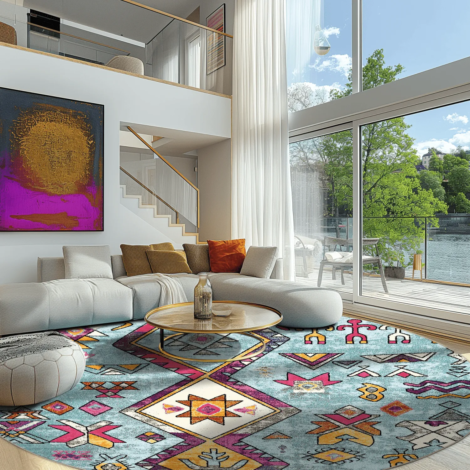 Rundt tæppe - Misare (blå/multi)