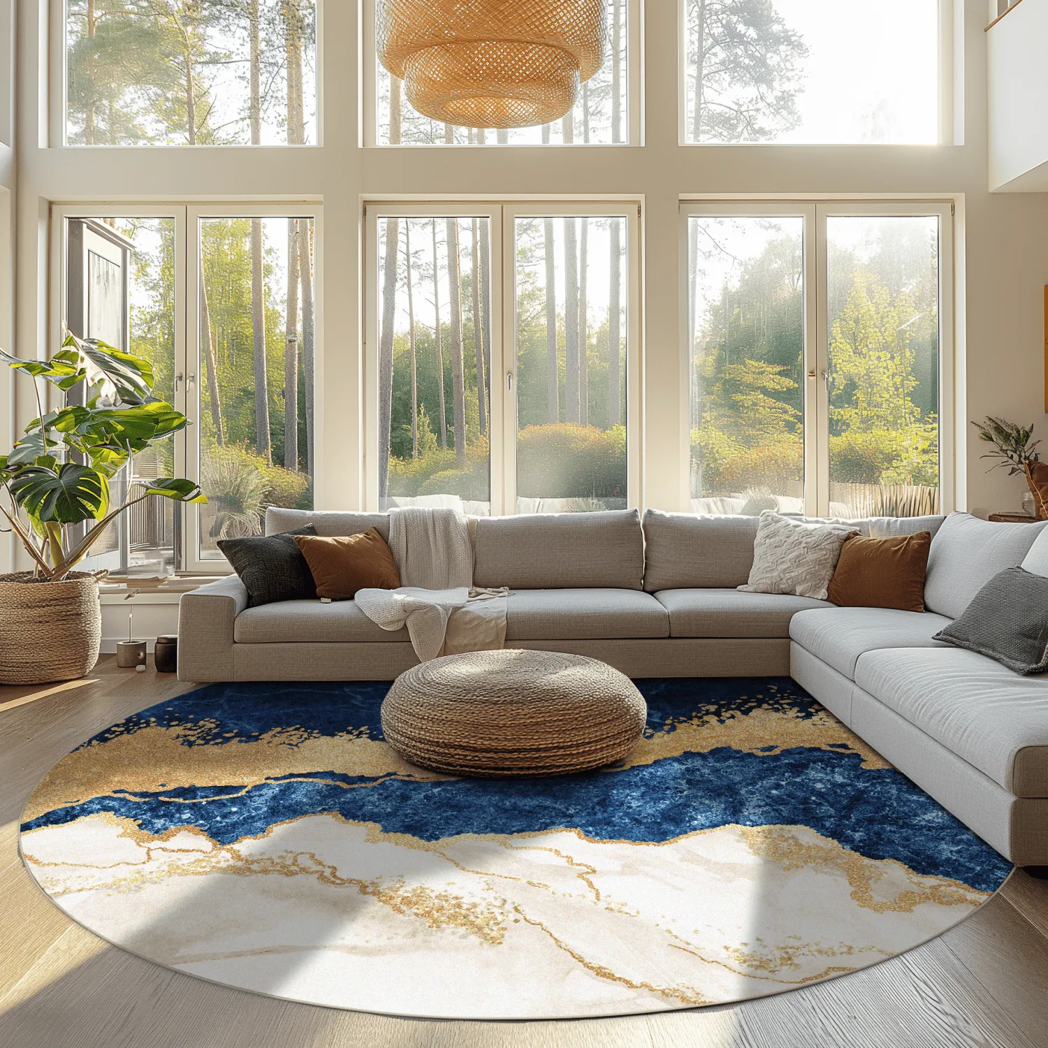 Rundt tæppe - Padova (blå/hvid/guld)