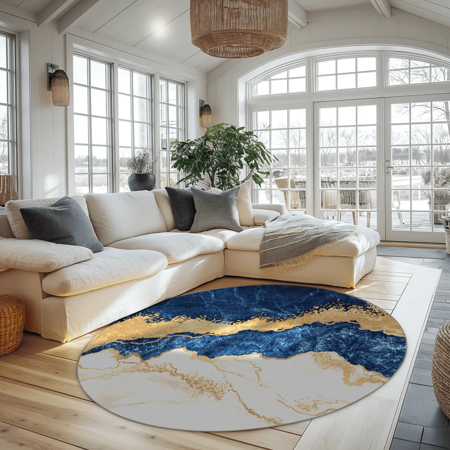 Rundt tæppe - Padova (blå/hvid/guld)