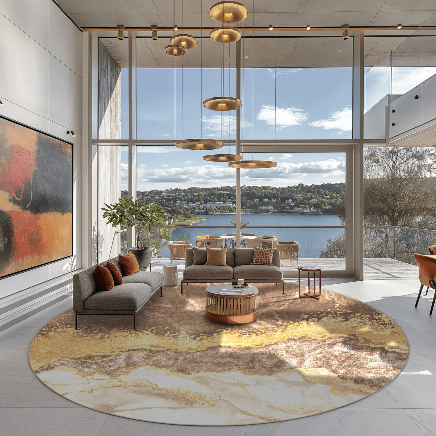 Rundt tæppe - Padova (brun/hvid/guld)