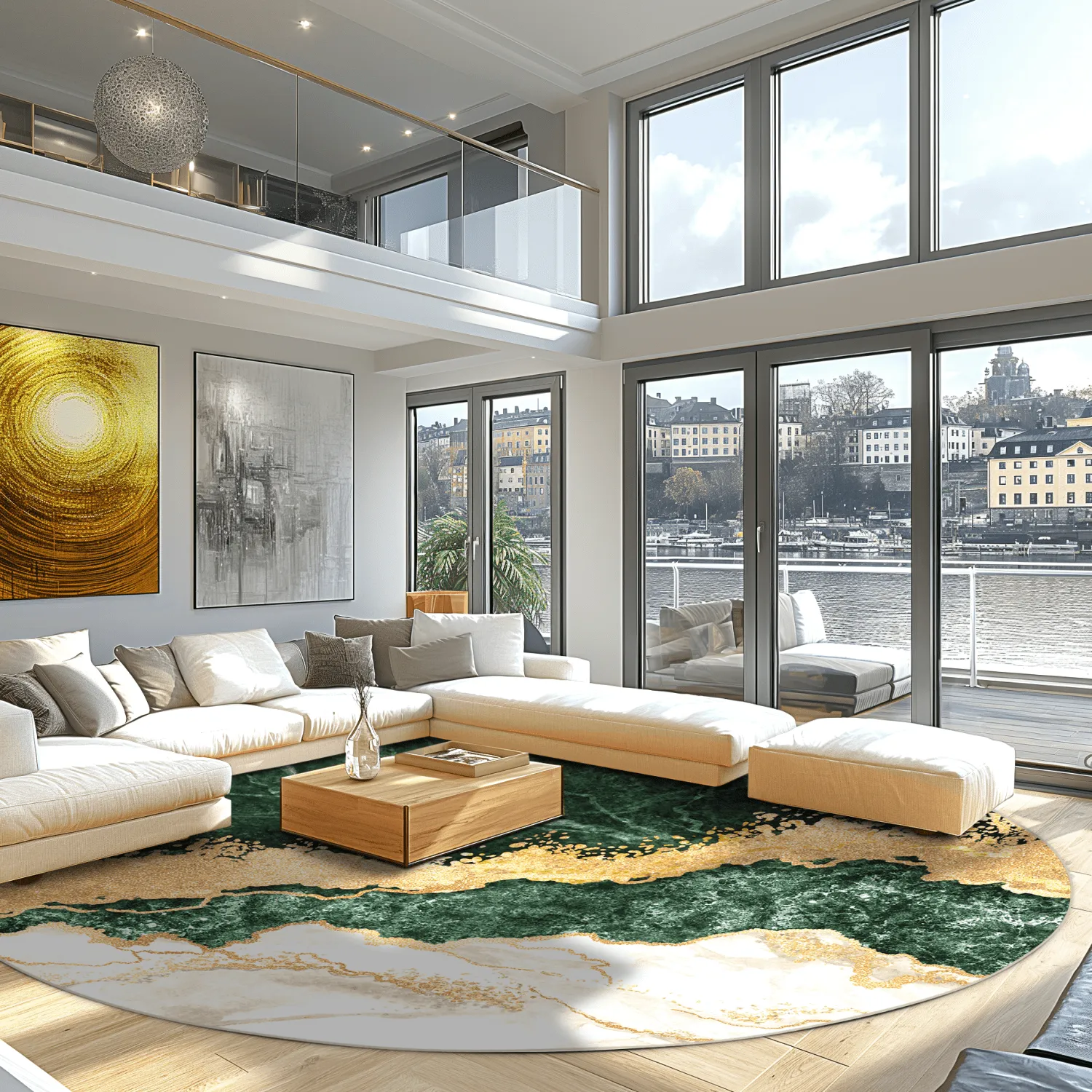 Rundt tæppe - Padova (grøn/hvid/guld)