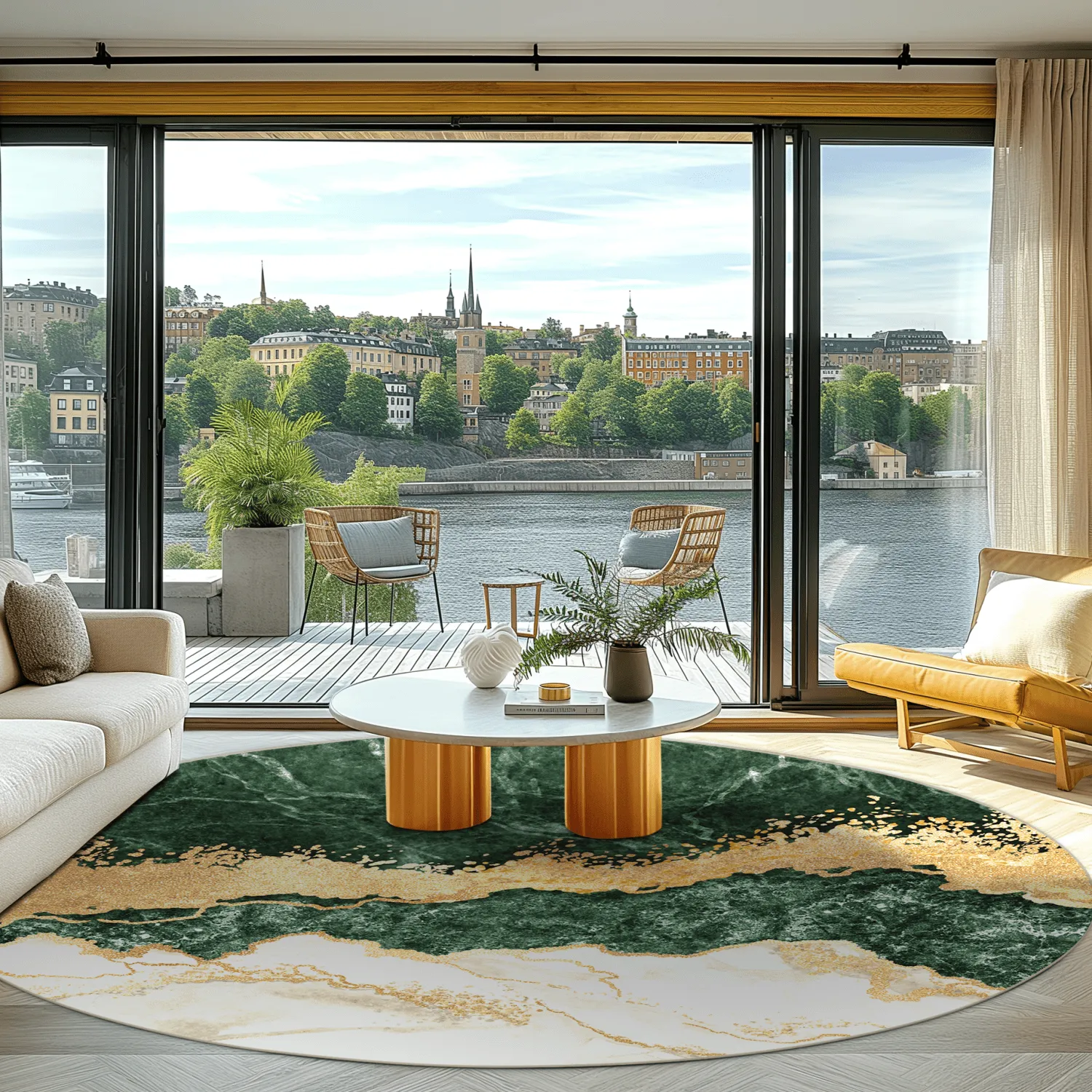 Rundt tæppe - Padova (grøn/hvid/guld)