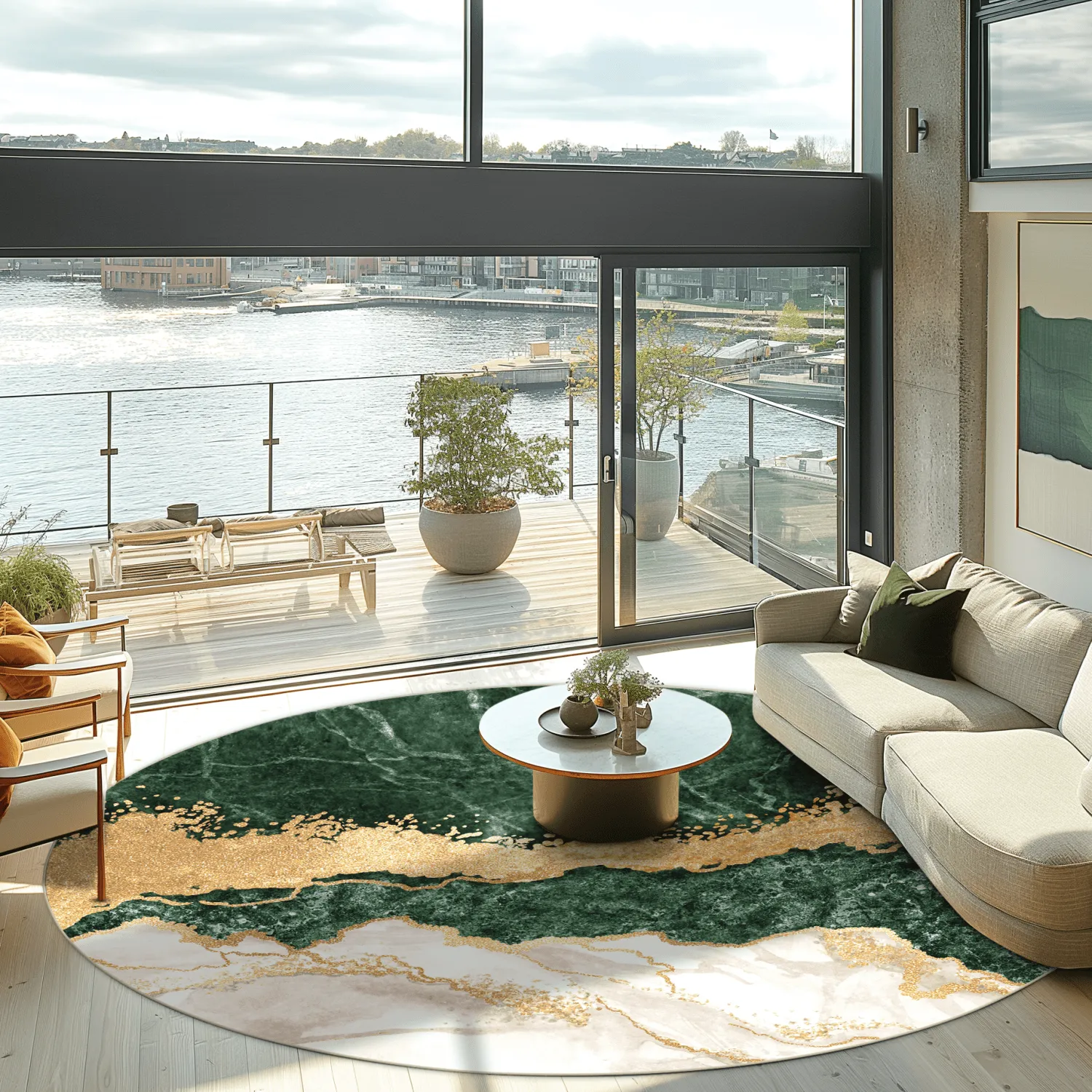 Rundt tæppe - Padova (grøn/hvid/guld)