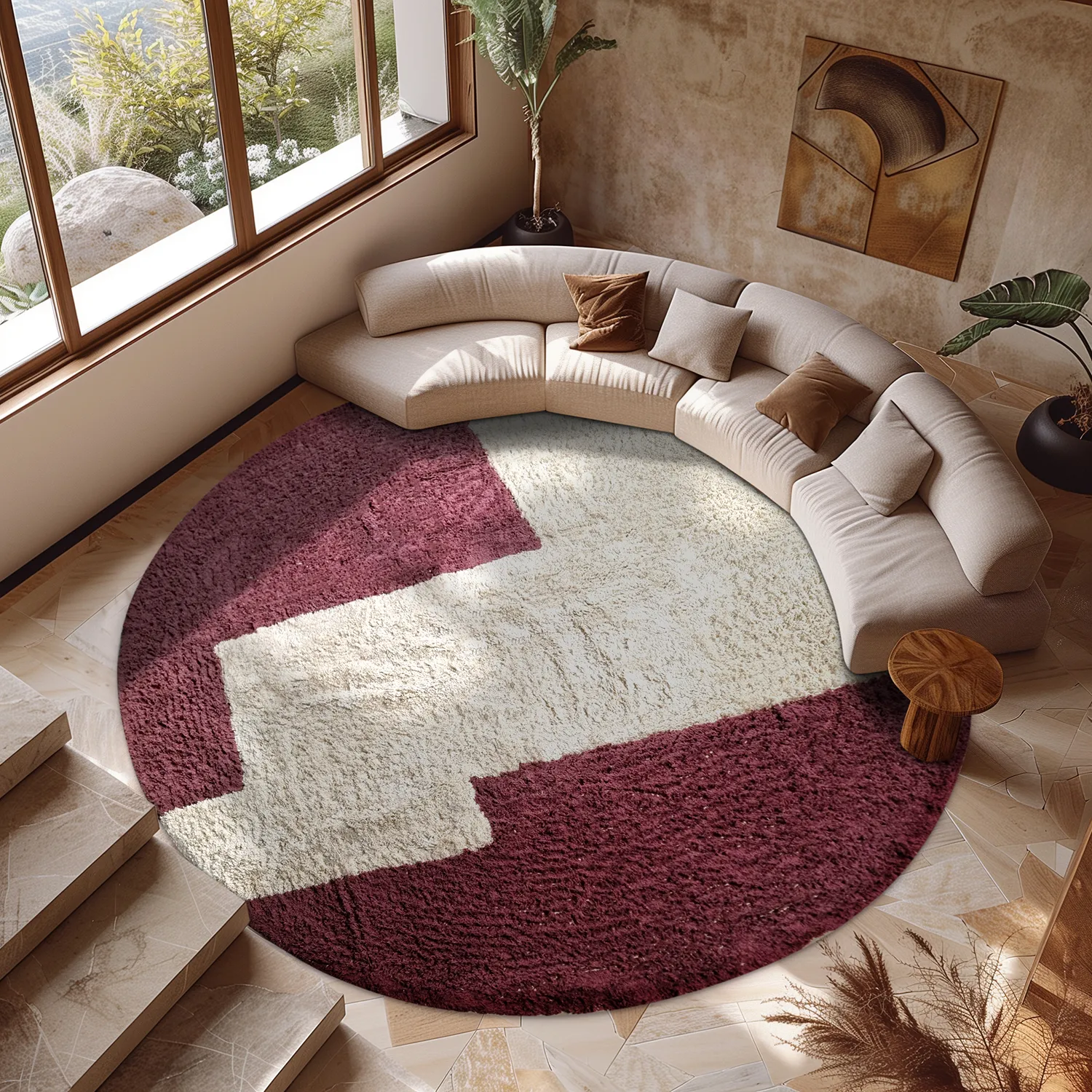 Runde tæpper - Ricco Natural Cotton Shaggy (offwhite/bordeaux)