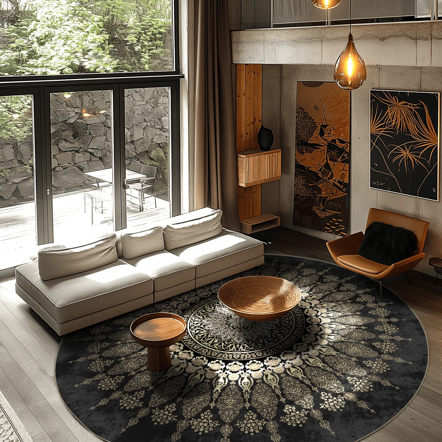 Rundt tæppe - Sandrigo (sort/guld)