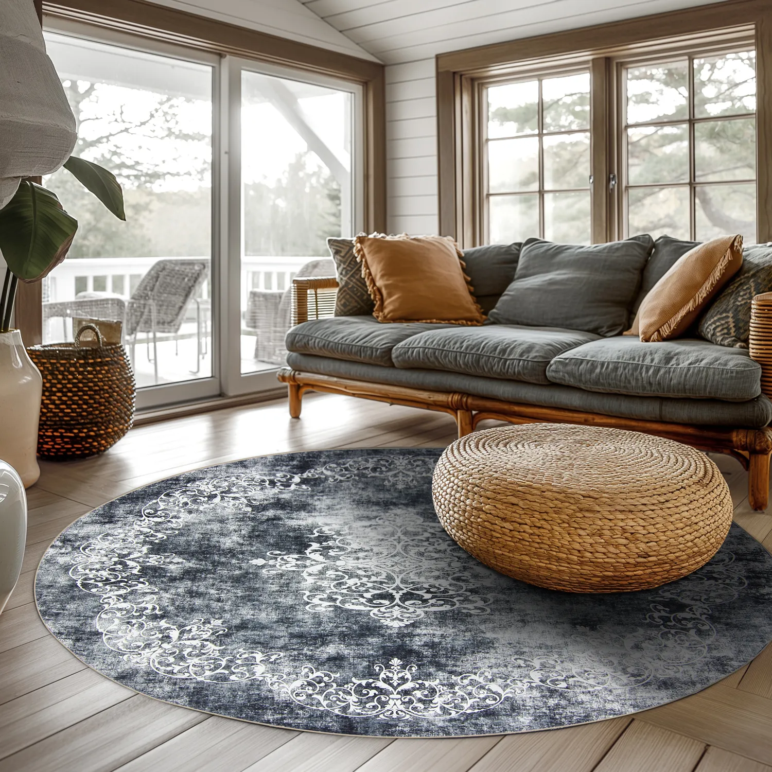 Rundt tæppe - Santi (blålig grå/hvid)