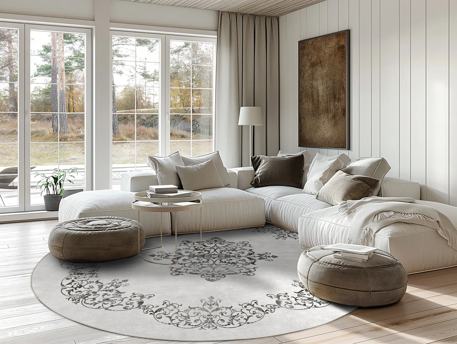 Rundt tæppe - Santi (hvid/sort)