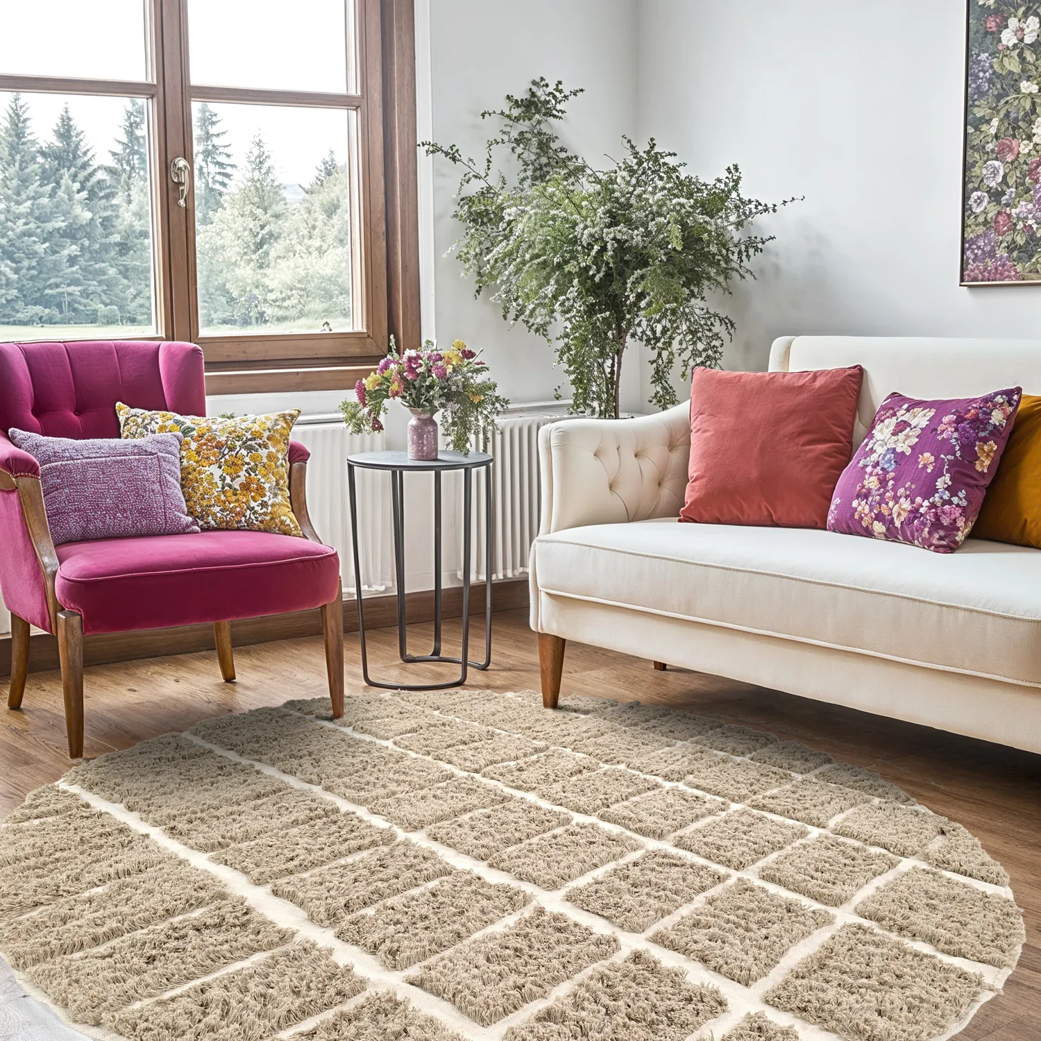 Rundt tæppe - Zola Natural Cotton Shaggy (beige)