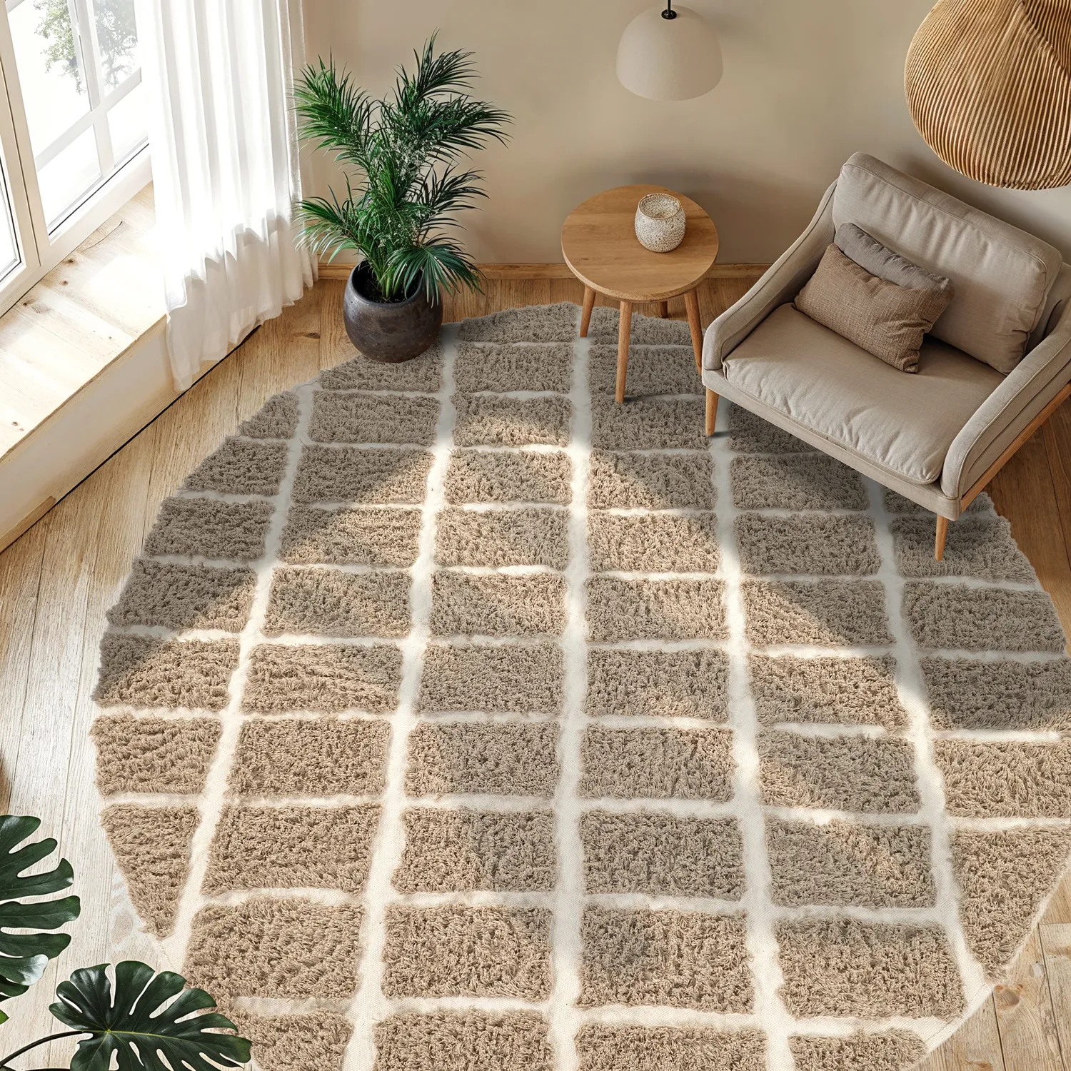 Rundt tæppe - Zola Natural Cotton Shaggy (beige)