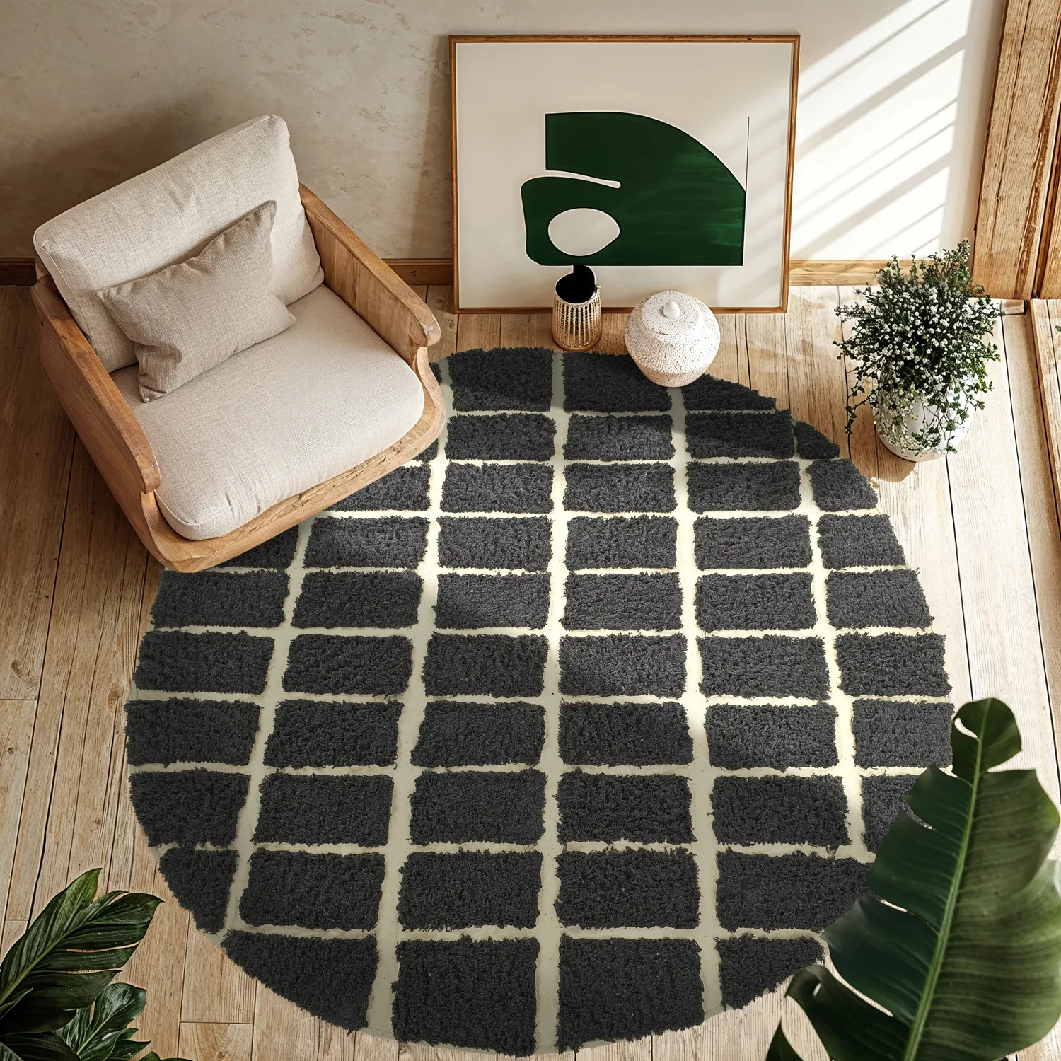 Rundt tæppe - Zola Natural Cotton Shaggy (mørkegrå)