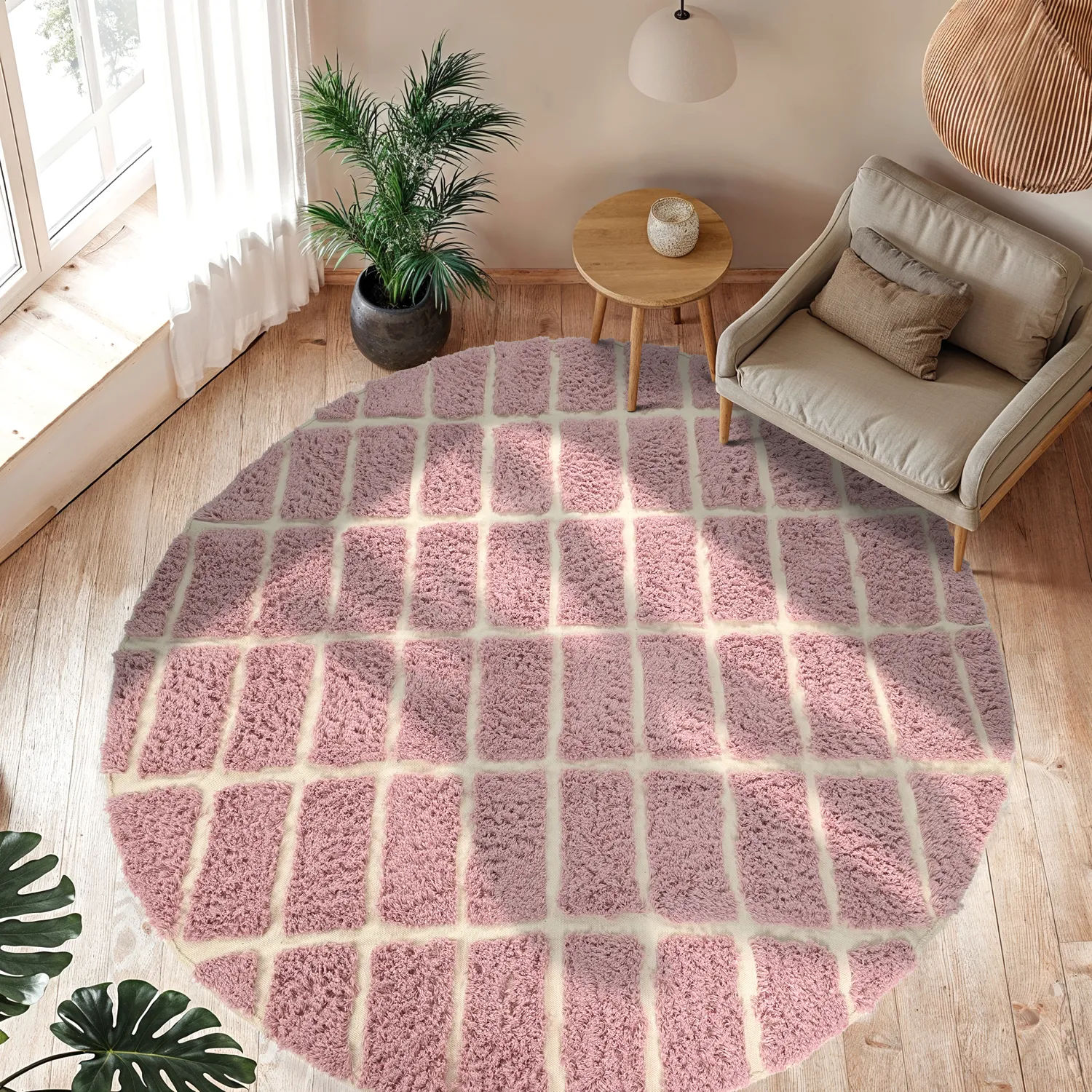 Rundt tæppe - Zola Natural Cotton Shaggy (lyserød)