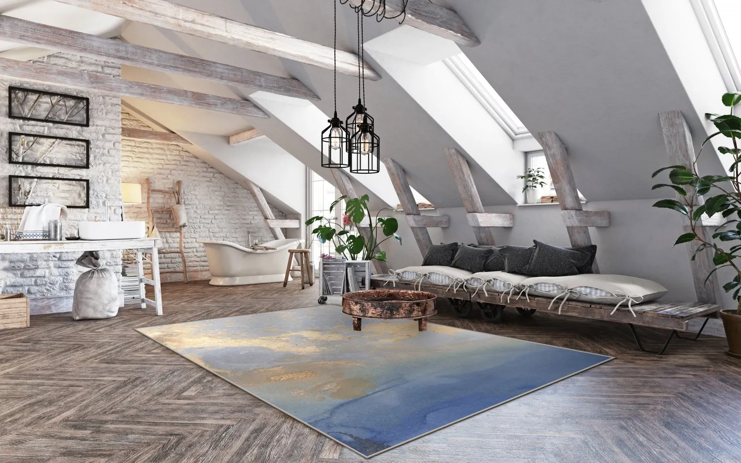 Wilton-tæppe - Lesley (blå/guld)