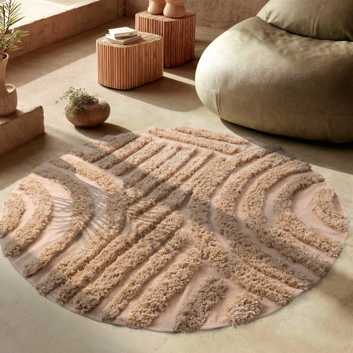 Rundt tæppe - Cazorla Natural Cotton Shaggy (beige)