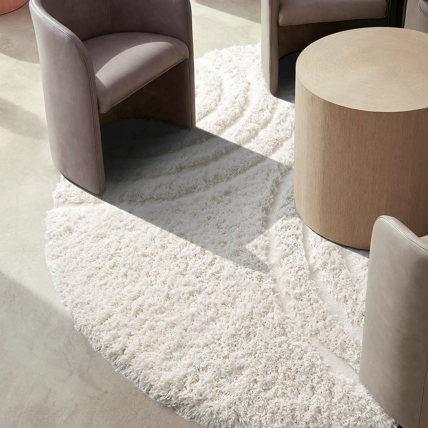 Rundt tæppe - Lindos Natural Cotton Shaggy (hvid)