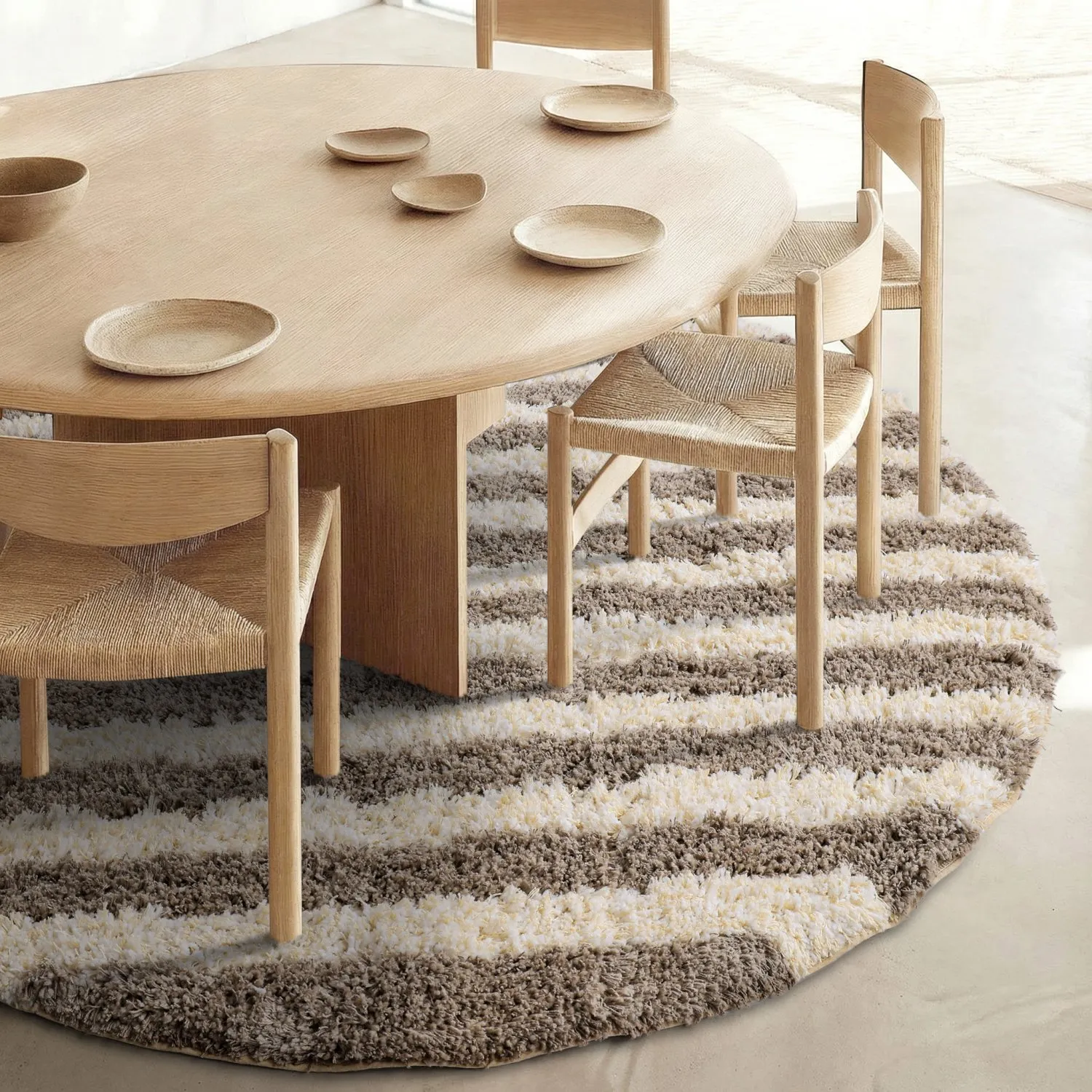 Rundt tæppe - Thira Stripe Cotton Shaggy (creme/taupe)