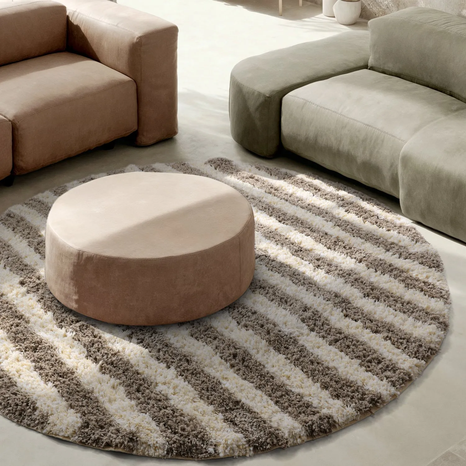 Rundt tæppe - Thira Stripe Cotton Shaggy (creme/taupe)