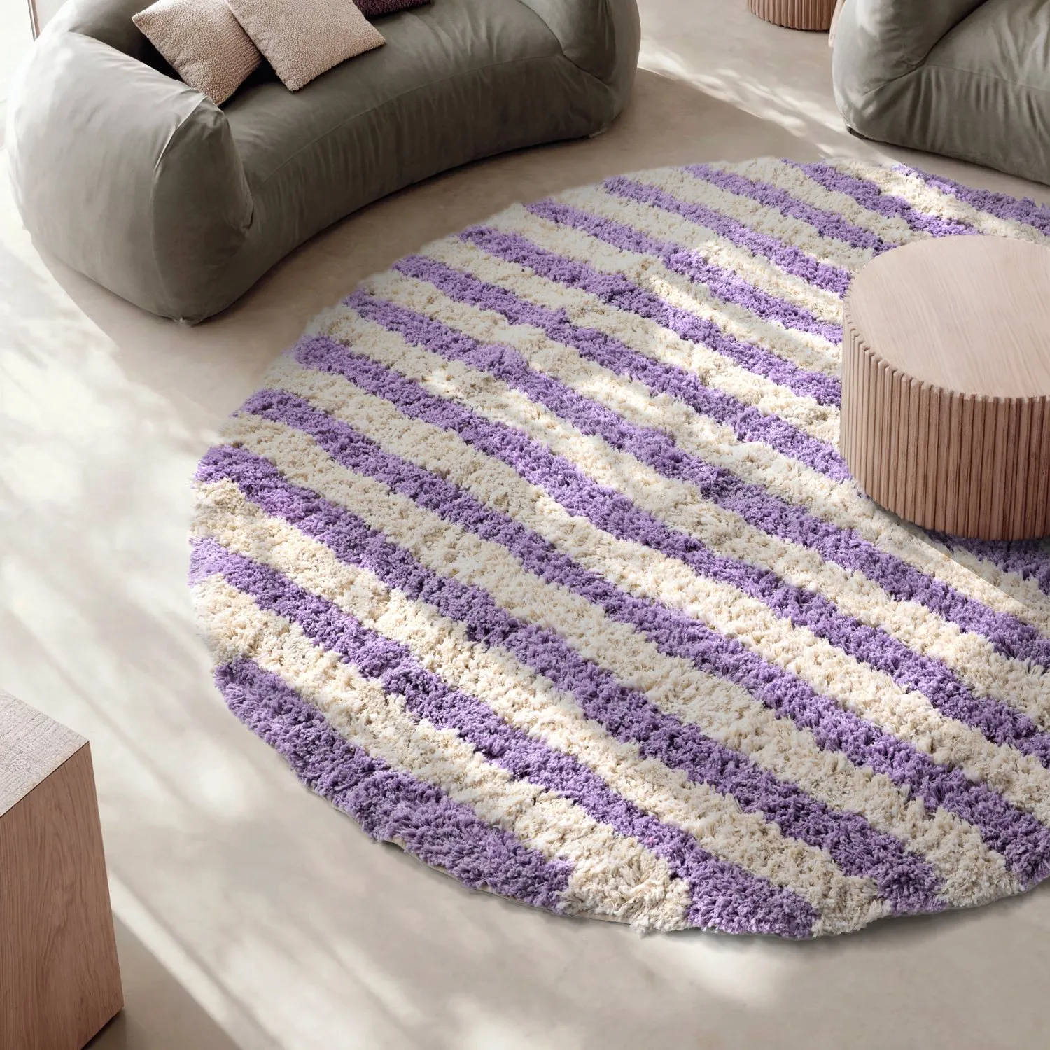 Rundt tæppe - Thira Stripe Cotton Shaggy (fløde/lys lilla)