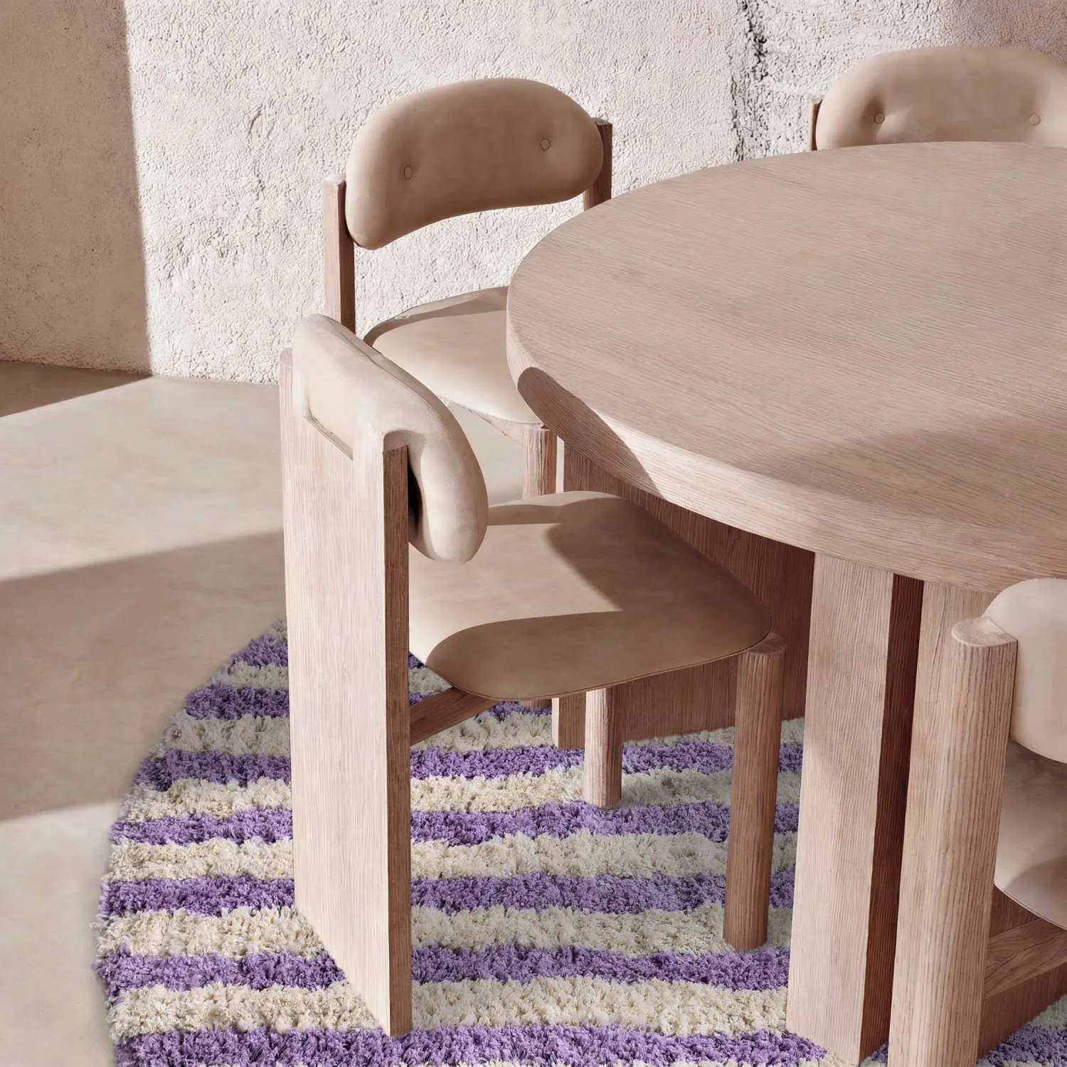 Rundt tæppe - Thira Stripe Cotton Shaggy (fløde/lys lilla)