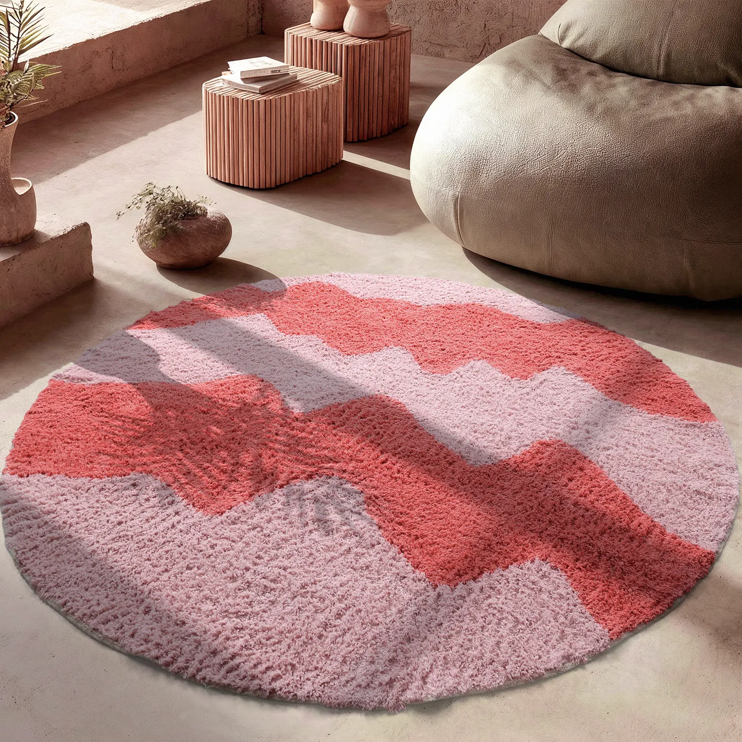 Rundt tæppe - Amira Natural Cotton Shaggy (lyserød/orange)