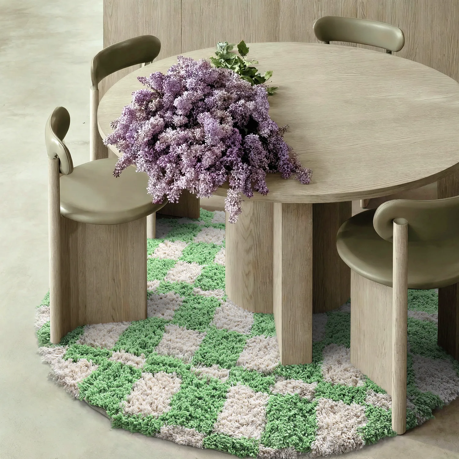 Rundt tæppe - Atrani Natural Cotton Shaggy (grøn)