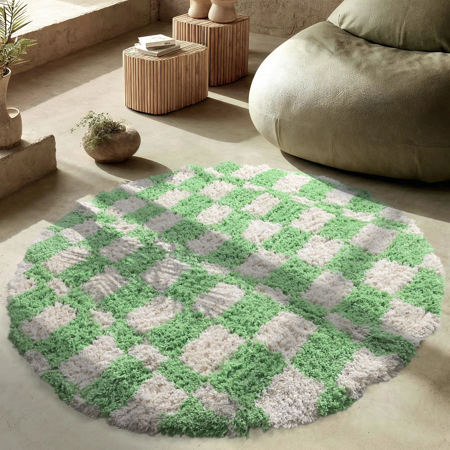 Rundt tæppe - Atrani Natural Cotton Shaggy (grøn)