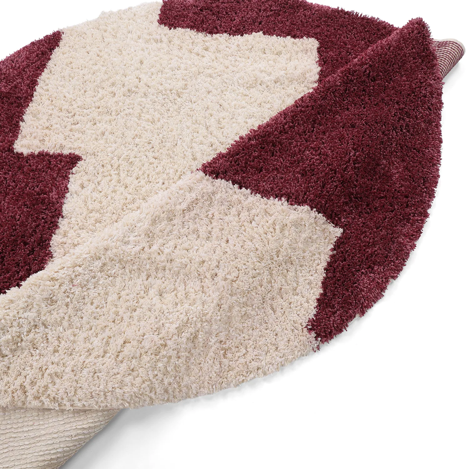 Rundt tæppe - Begur Natural Cotton Shaggy (offwhite/vinrød)