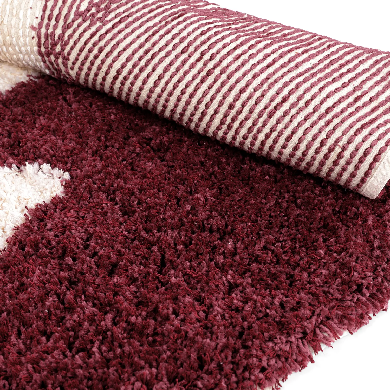 Rundt tæppe - Begur Natural Cotton Shaggy (offwhite/vinrød)