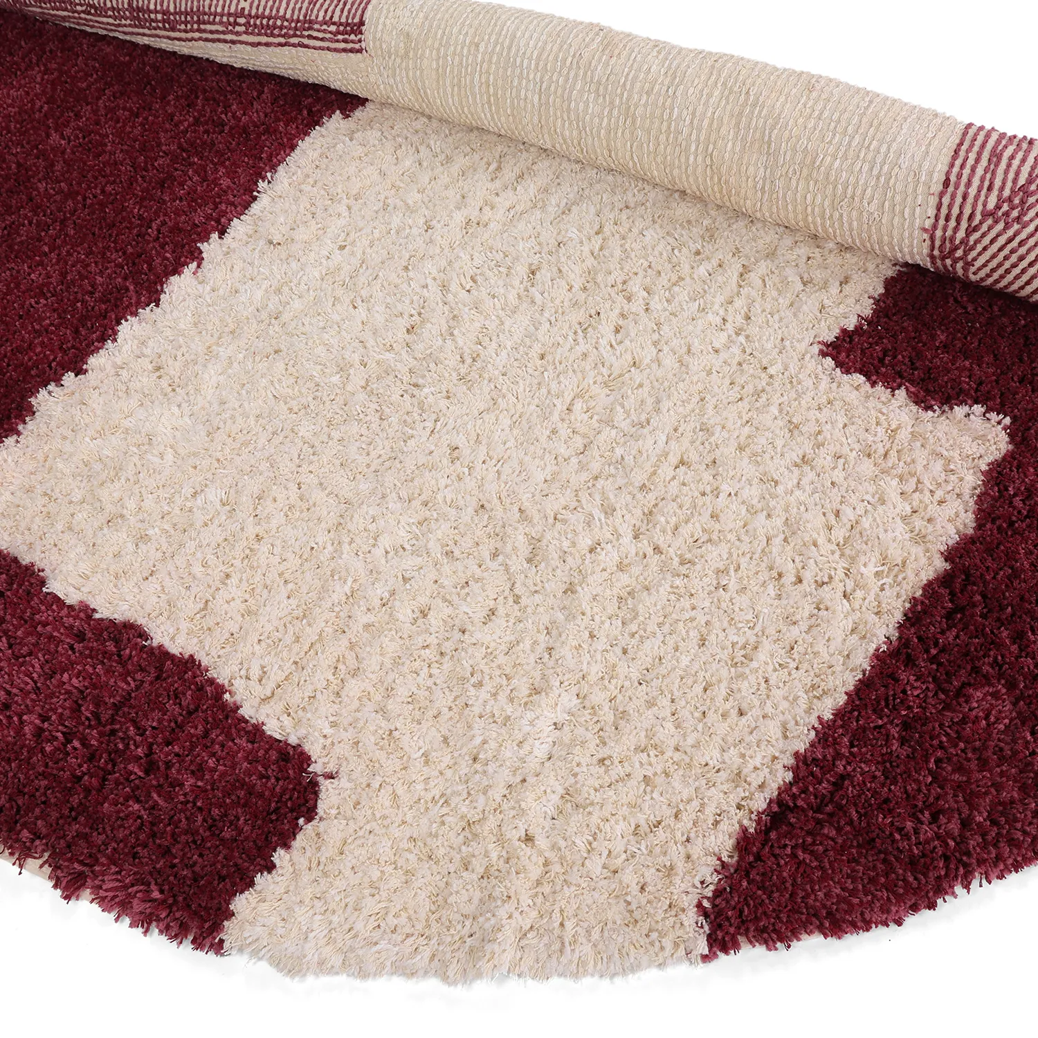 Rundt tæppe - Begur Natural Cotton Shaggy (offwhite/vinrød)