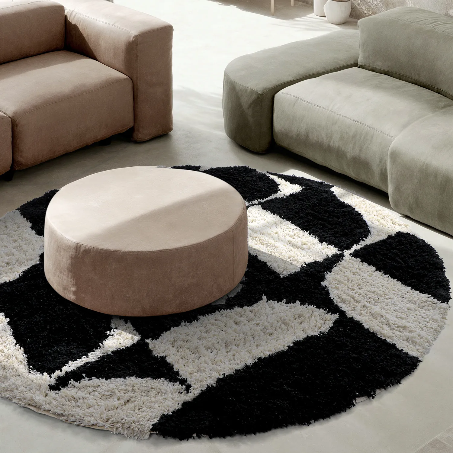 Rundt tæppe - Marvao Natural Cotton Shaggy (offwhite/sort)