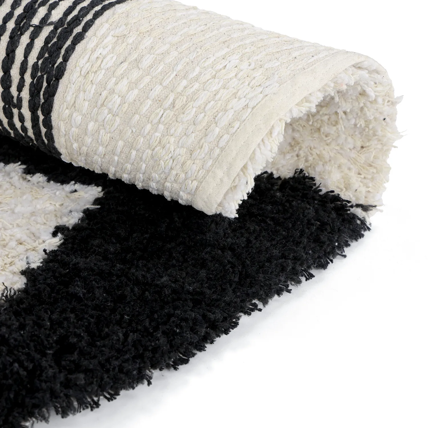 Rundt tæppe - Marvao Natural Cotton Shaggy (offwhite/sort)