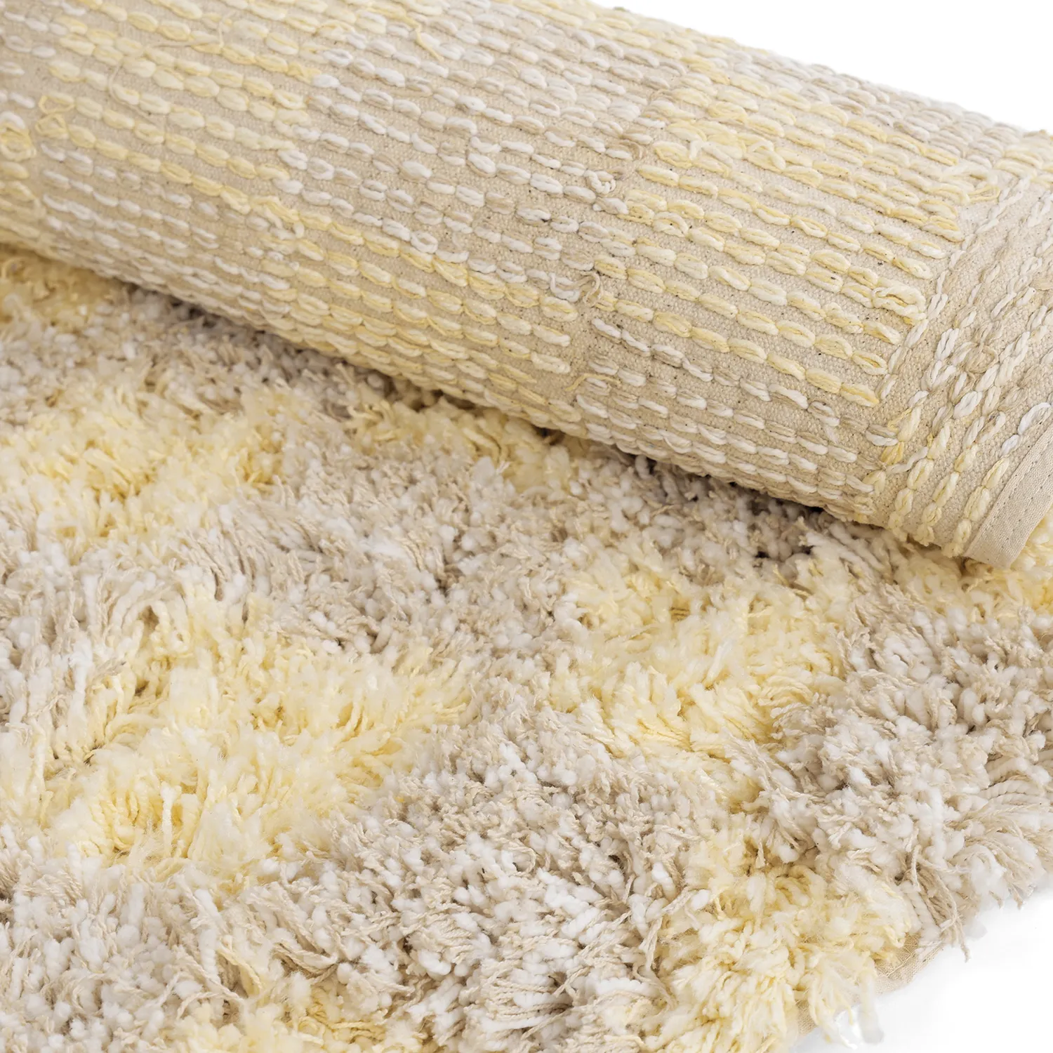 Rundt tæppe - Methoni Check Cotton Shaggy (creme/lysegul)