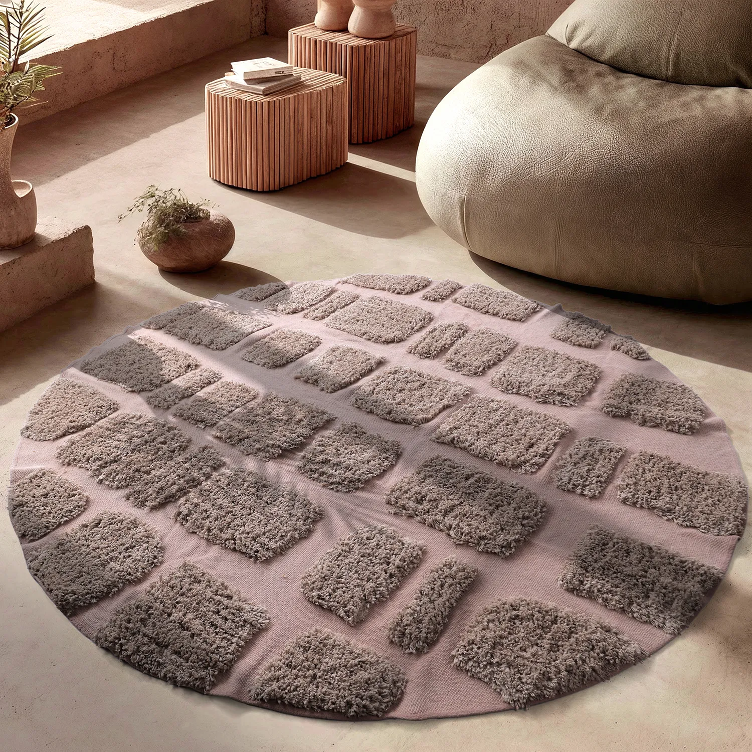 Rundt tæppe - Otranto Natural Cotton Shaggy (taupe)