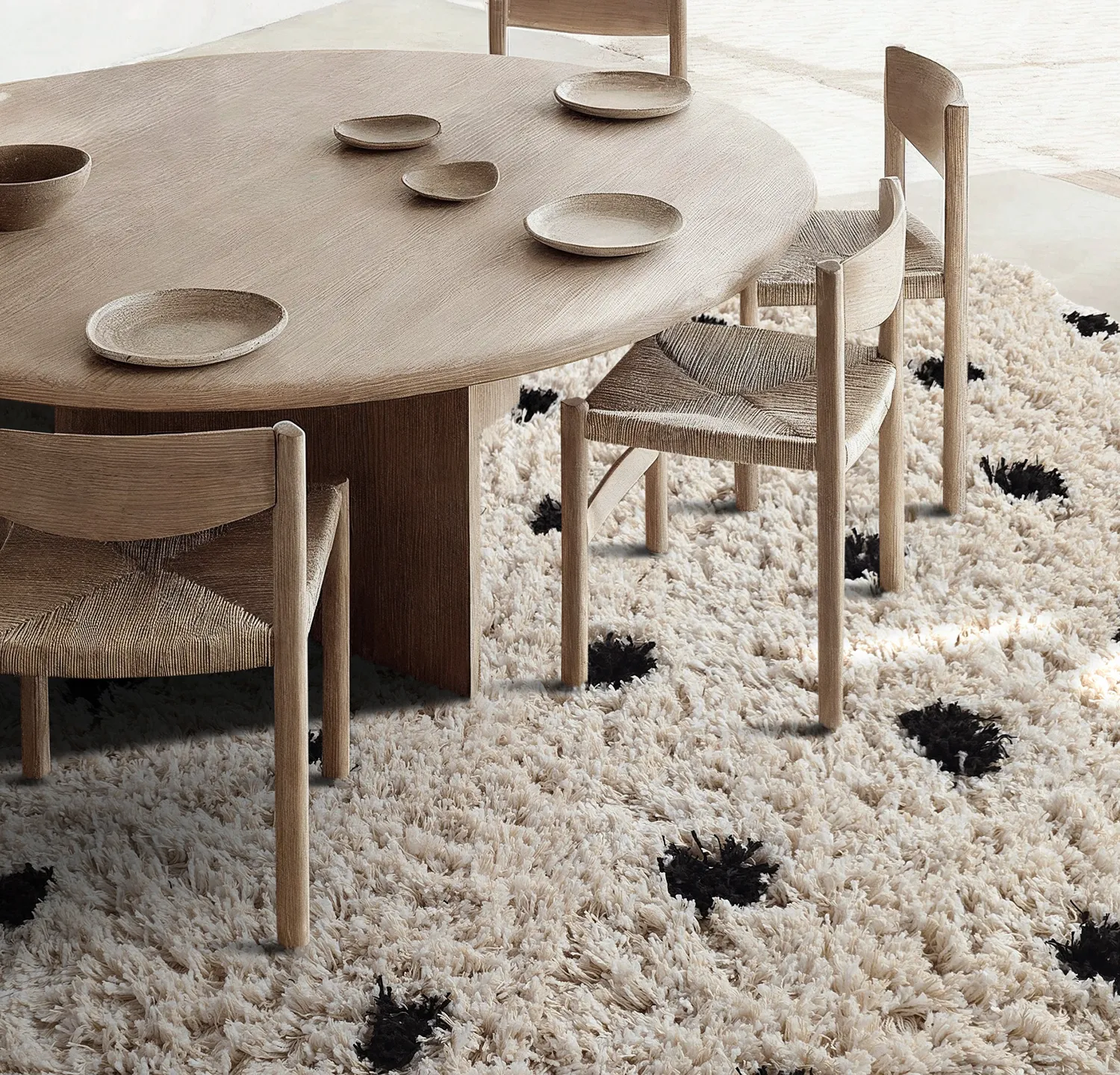 Rundt tæppe - Soria Natural Cotton Shaggy (offwhite/sort)
