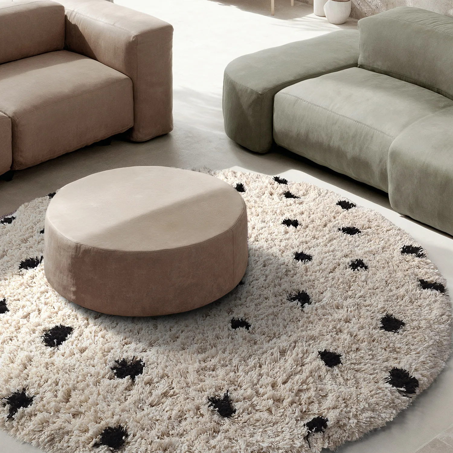 Rundt tæppe - Soria Natural Cotton Shaggy (offwhite/sort)