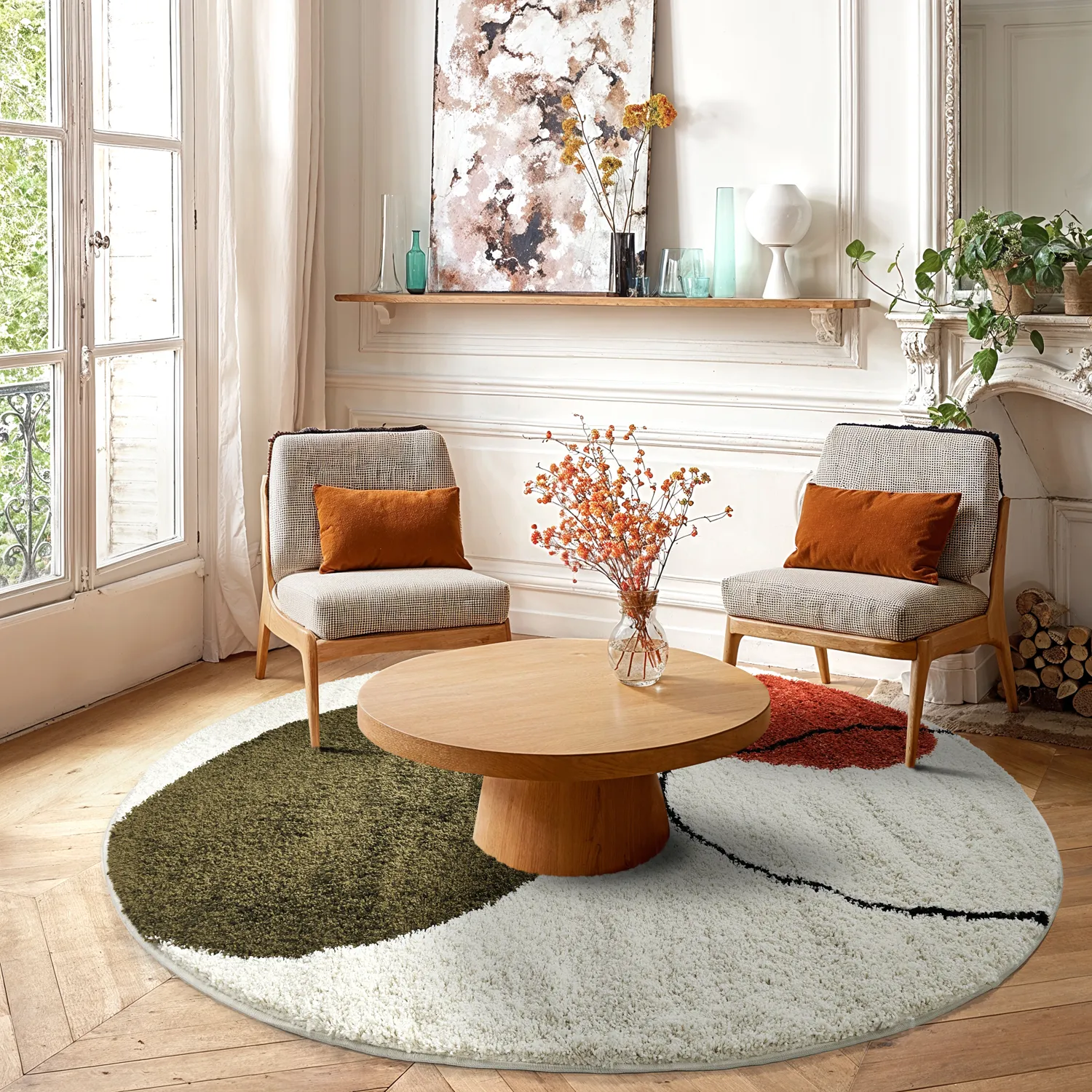 Runde tæpper - Sanghar (hvid/orange/grøn)