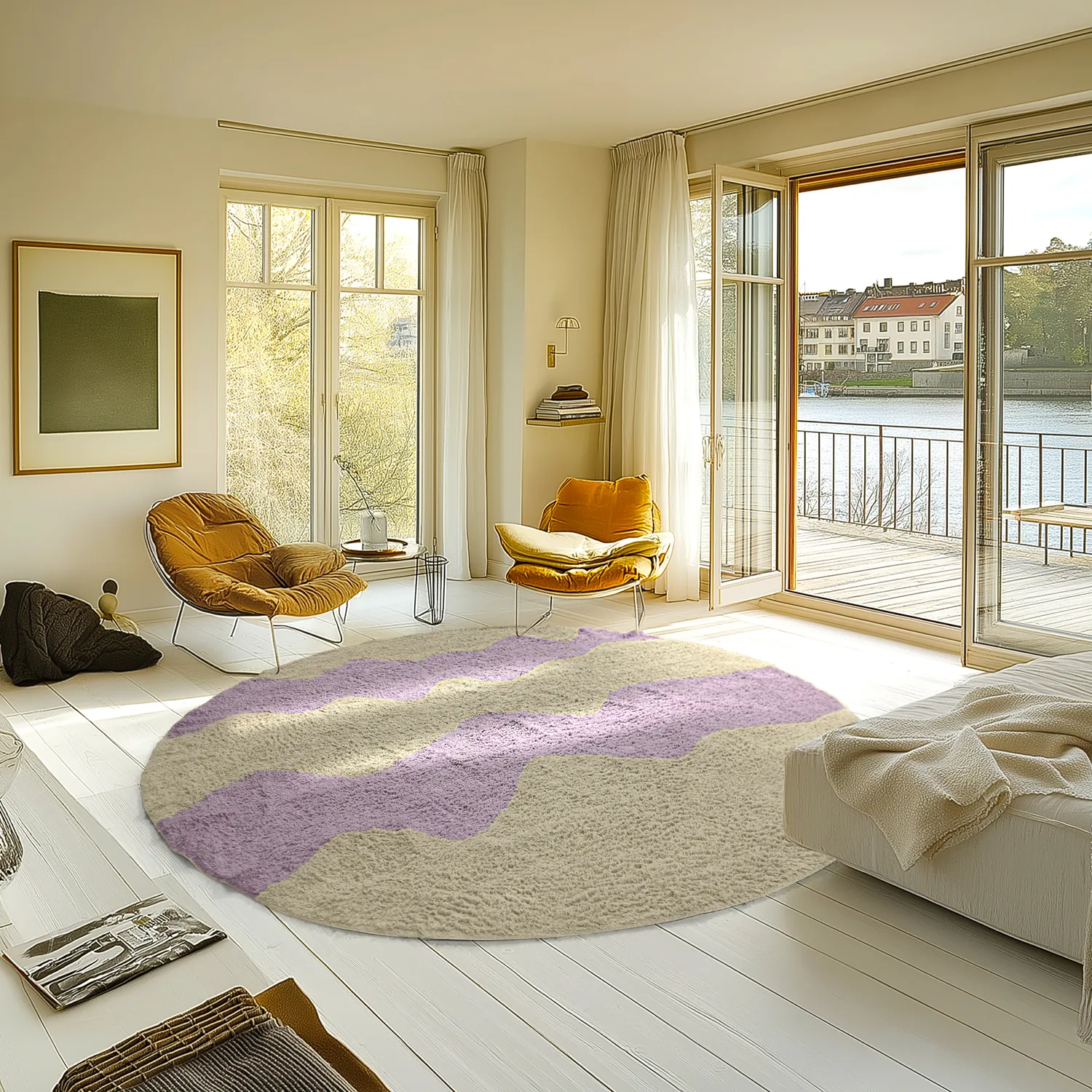 Rundt tæppe - Amira Natural Cotton Shaggy (beige/lilla)