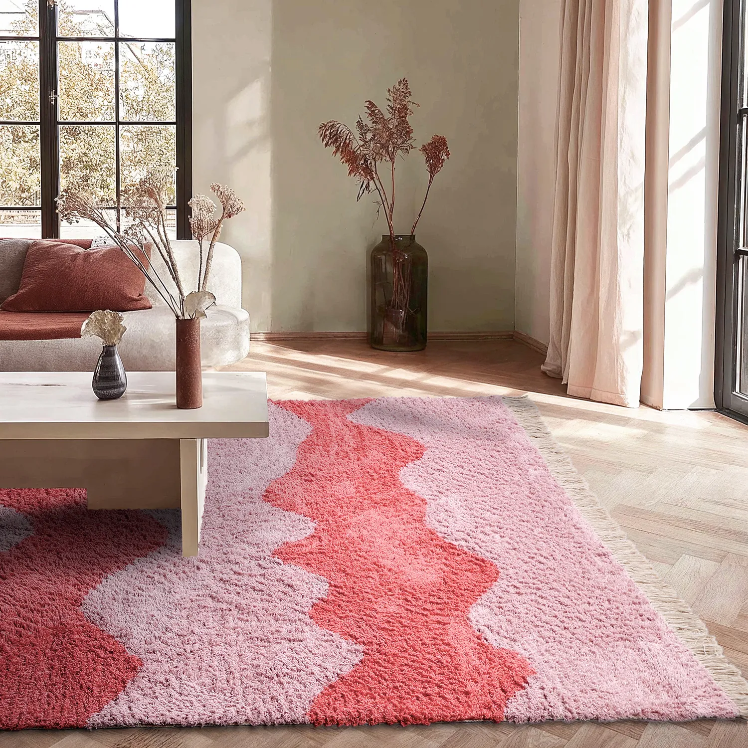 Ryatæpper - Amira Natural Cotton Shaggy (lyserød/orange)