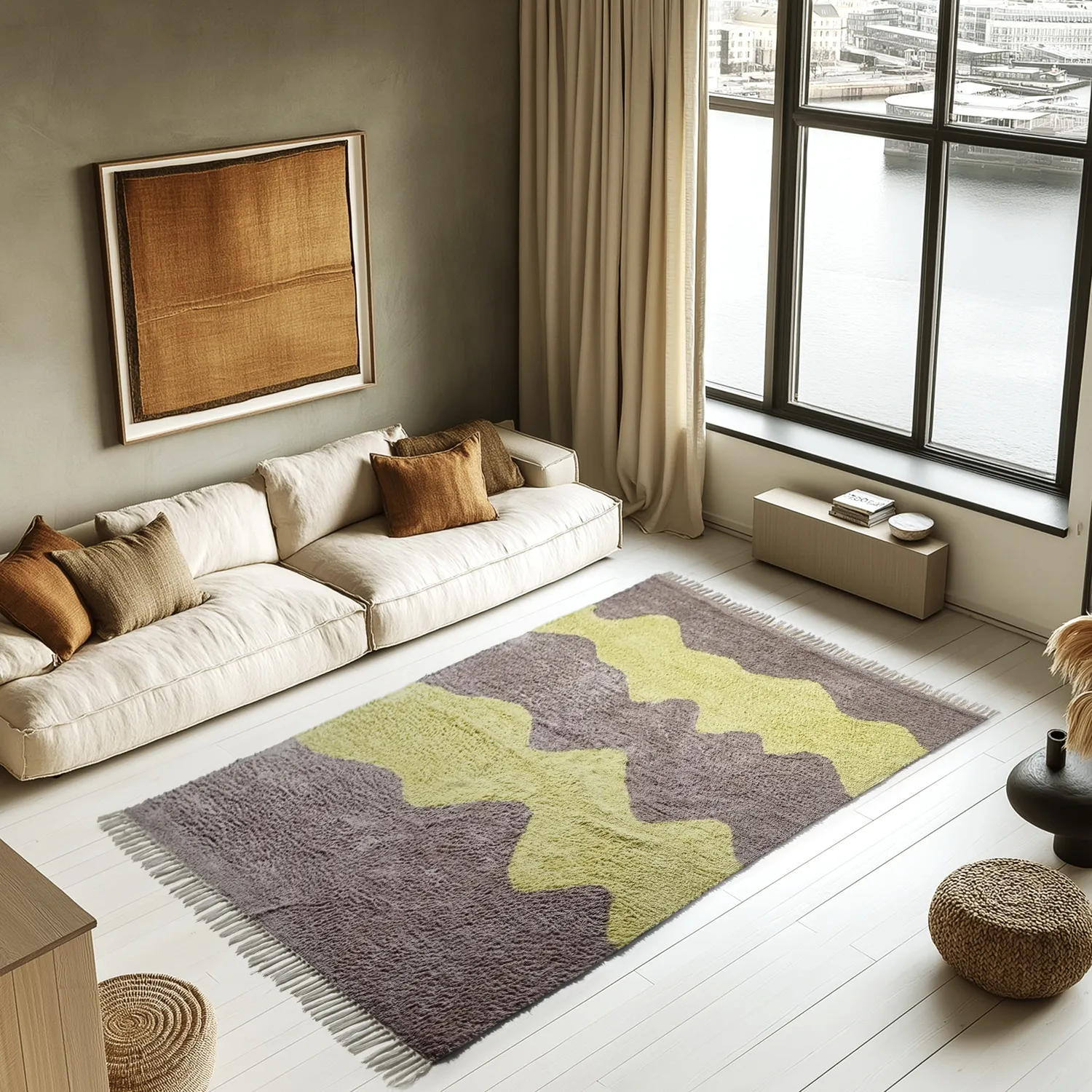 Ryatæpper - Amira Natural Cotton Shaggy (taupe/gul)