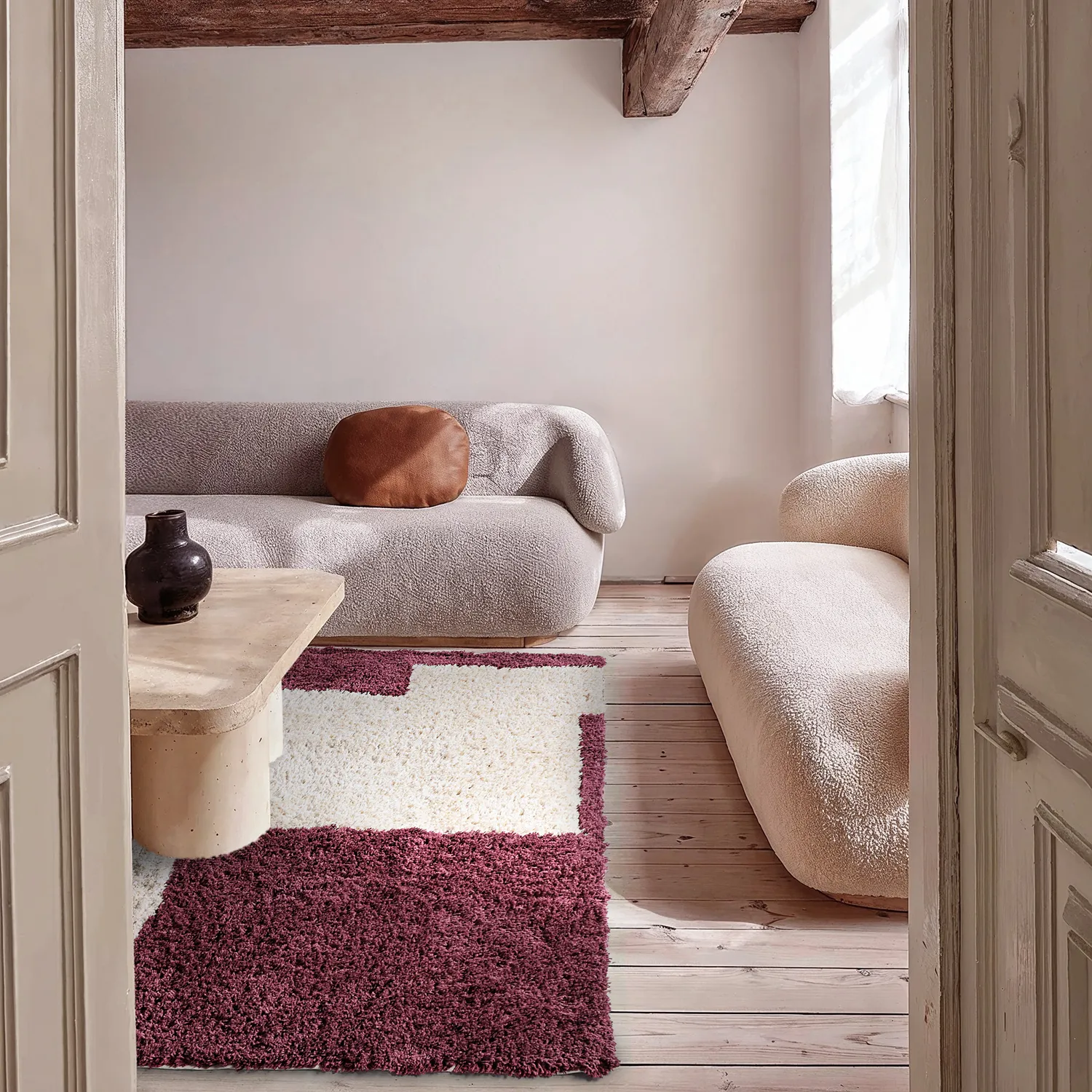 Ryatæpper - Begur Natural Cotton Shaggy (offwhite/vinrød)