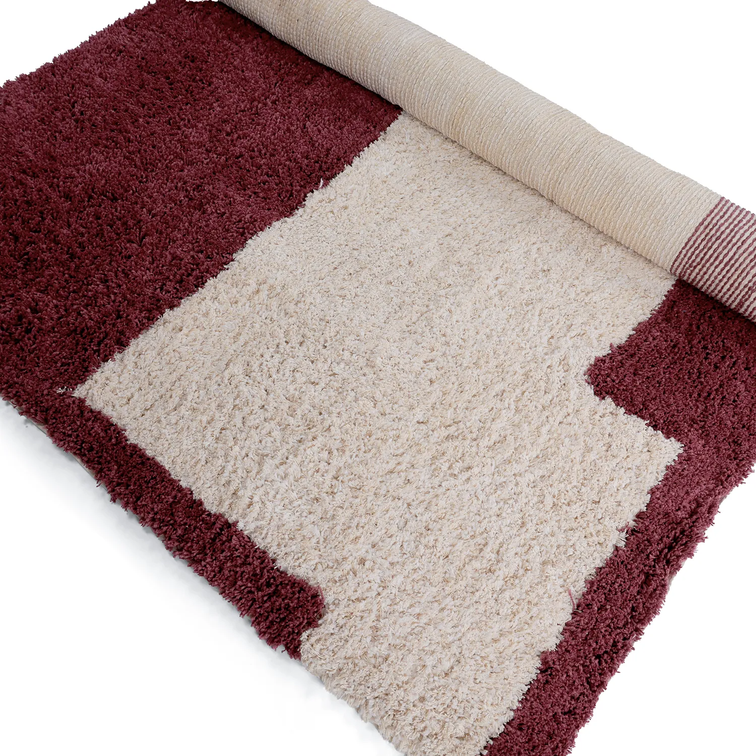 Ryatæpper - Begur Natural Cotton Shaggy (offwhite/vinrød)