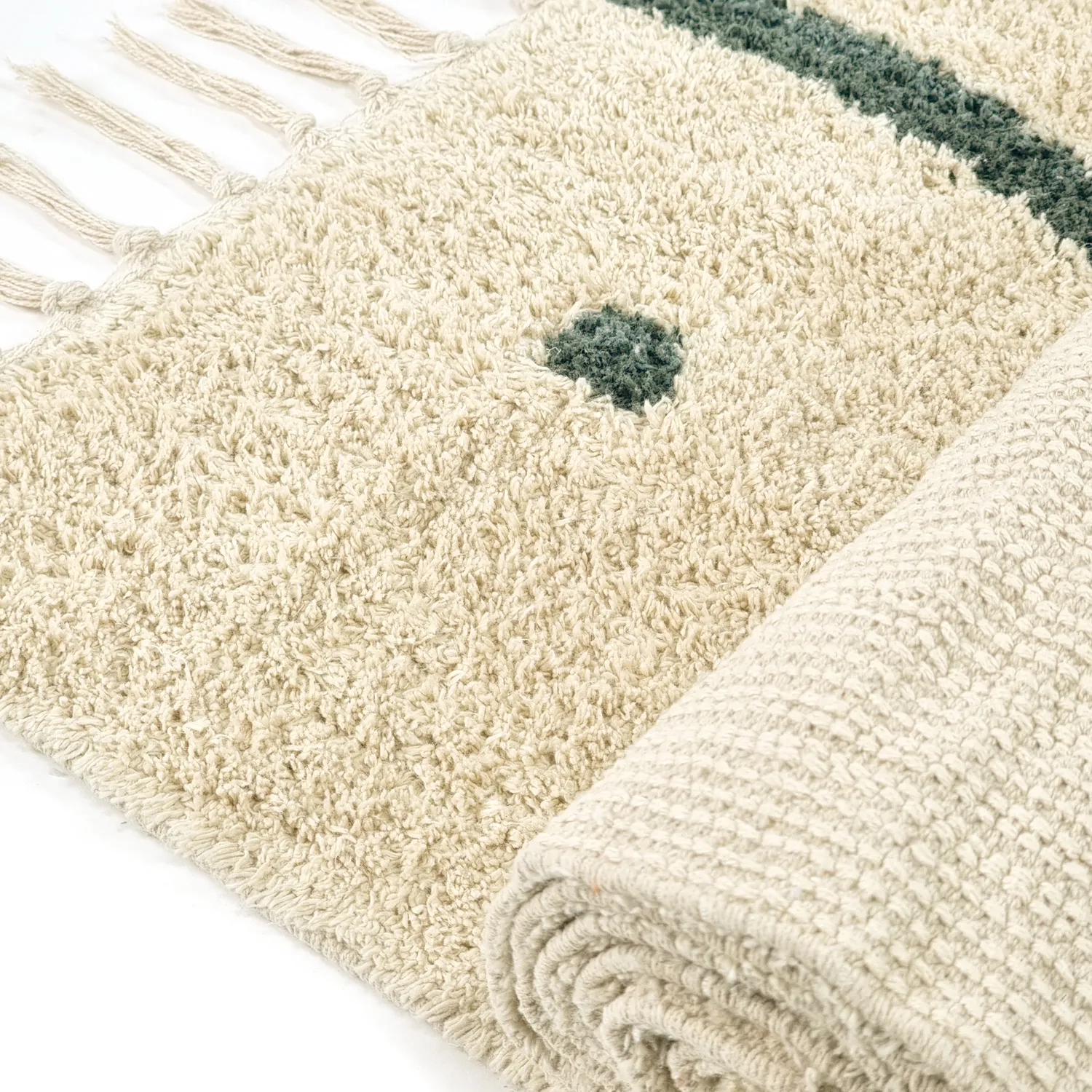 Ryatæpper - Leora Natural Cotton Shaggy (beige/grøn)