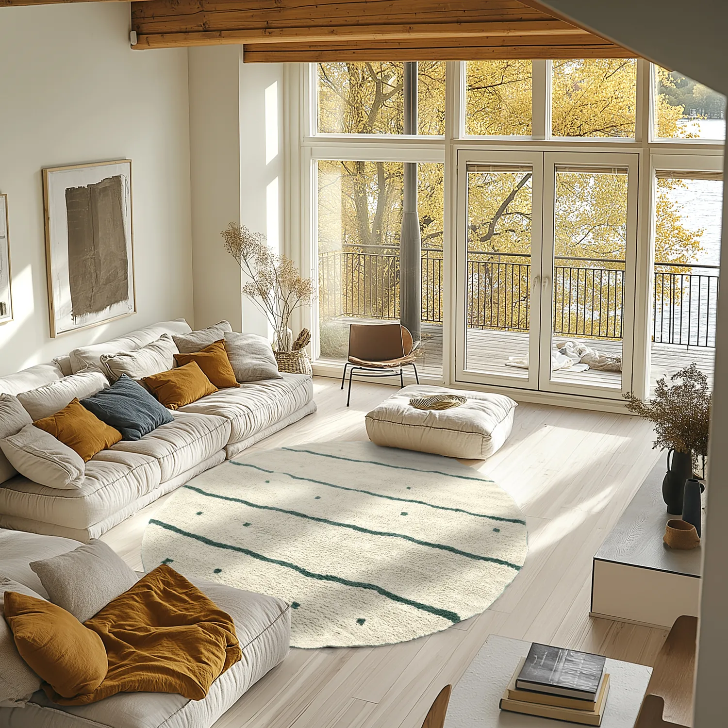 Rundt tæppe - Leora Natural Cotton Shaggy (beige/grøn)