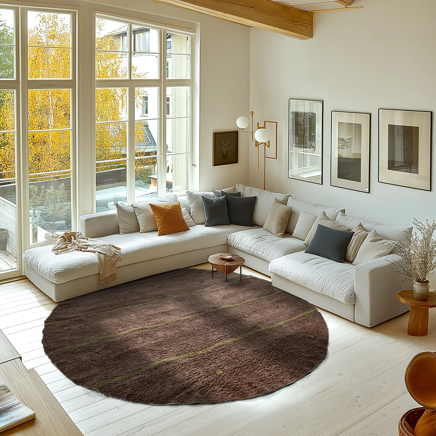 Rundt tæppe - Leora Natural Cotton Shaggy (brun/oliven)