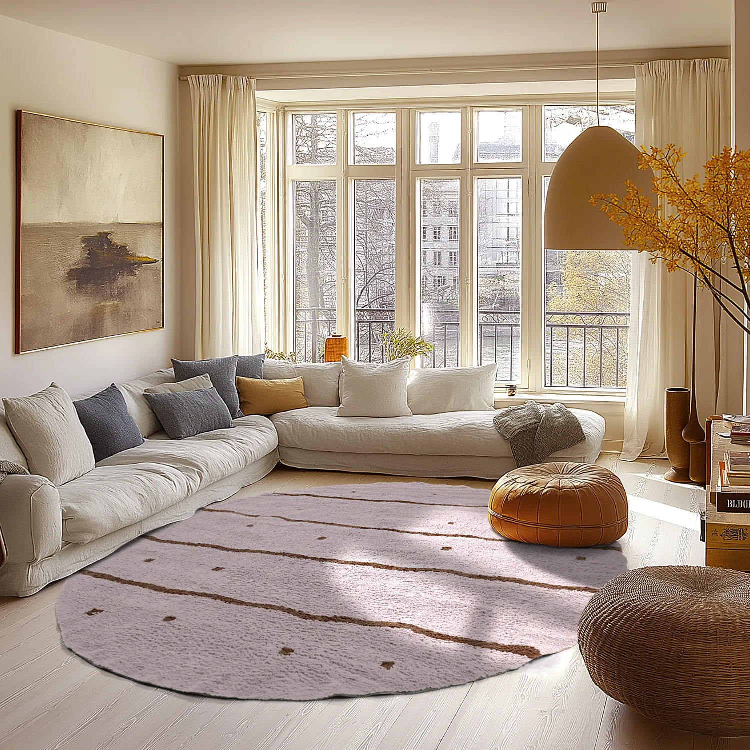 Rundt tæppe - Leora Natural Cotton Shaggy (lyserød/brun)